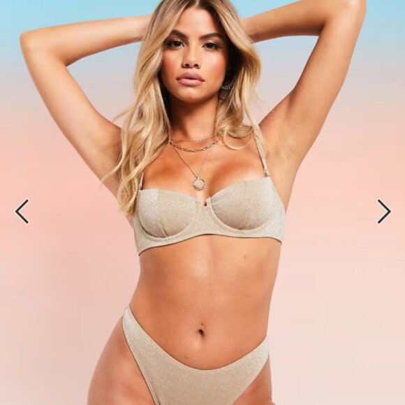 ASOS DESIGN mix and match glitter underwired bikini top in gold metallic 30B - Picture 1 of 9